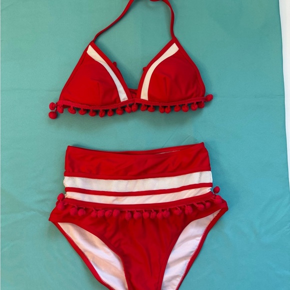 Coco ship Red pom Pom Bikini Set size 4 with mesh woman’s - Picture 2 of 11